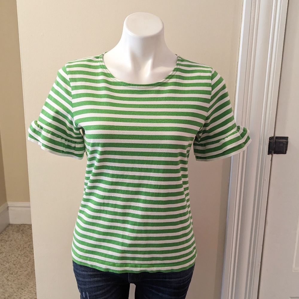 J. Crew green and white ruffle sleeve top size small